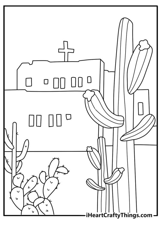 Mexican coloring page with a village church and cactus along the path