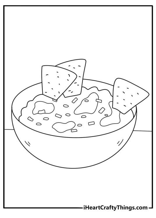 Mexican coloring page with maracas beside a bowl of guacamole and tortilla chips