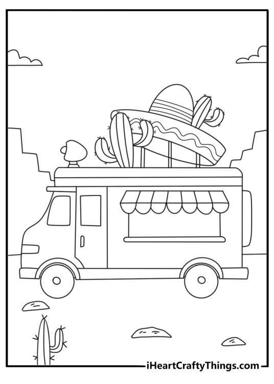 Mexican coloring pages scene with a food truck selling tamales and horchata