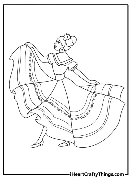Mexican coloring picture for kids featuring a dancer in a folklorico dress twirling wide skirt