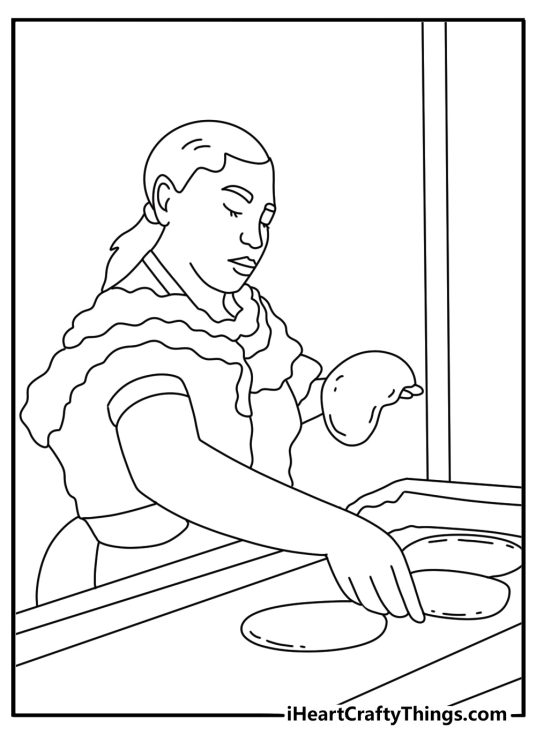 Mexican coloring picture with a woman making tortillas on a hot griddle