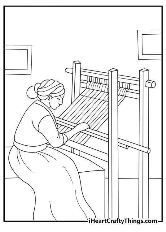 Mexican coloring sheet featuring a woman weaving on a loom
