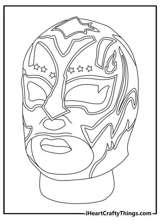 Mexican coloring sheet with a luchador mask decorated with stars and flames