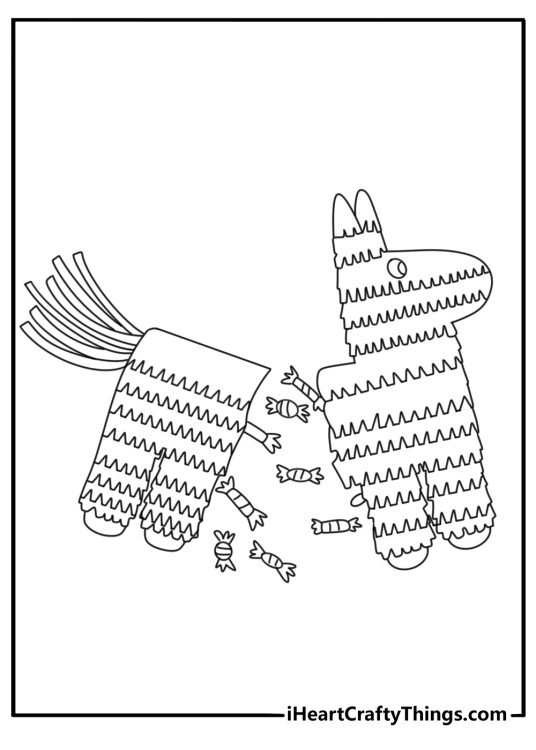 Mexican coloring sheet with a pinata shaped like a donkey and falling candy