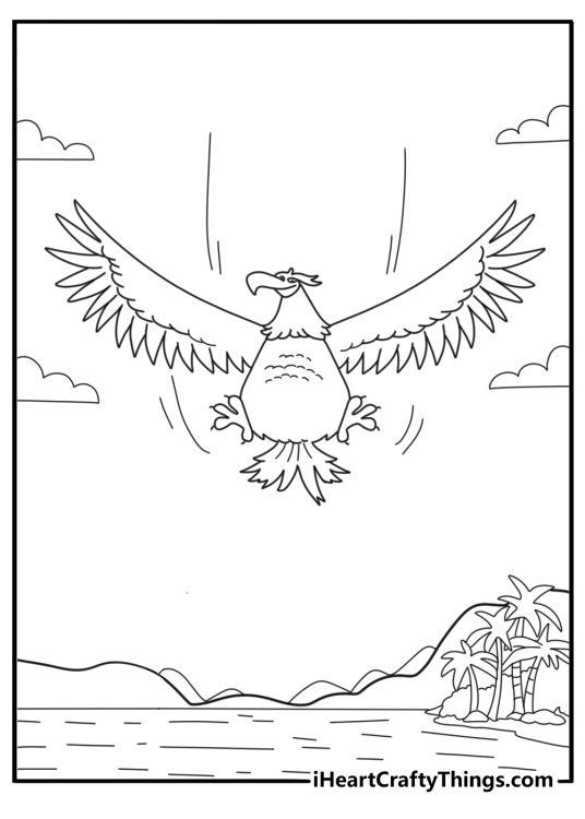 Mighty Eagle diving from the clouds toward the island epic coloring poster printable