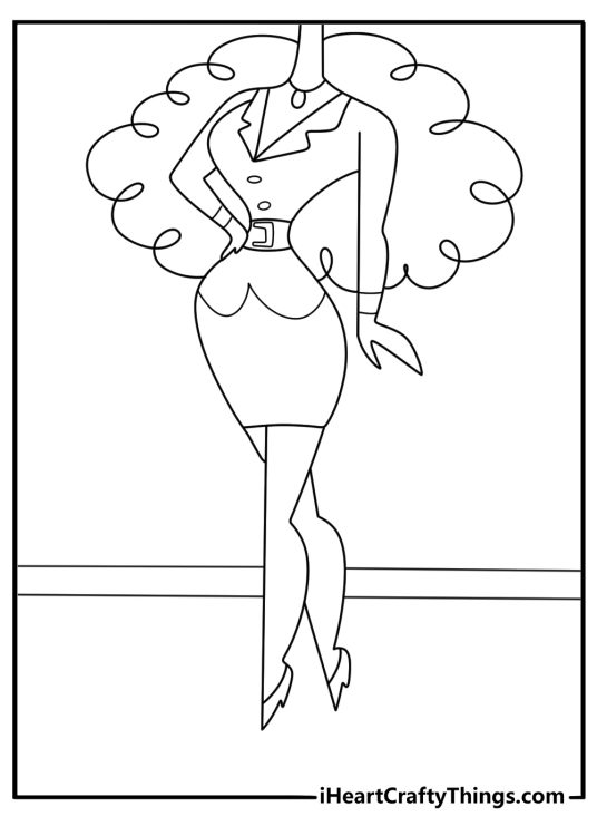 Miss Bellum walking through office hallway silhouette style coloring sheet