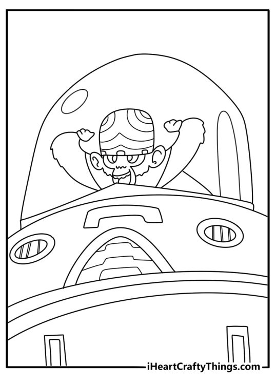 Mojo Jojo building a giant machine in his lair detailed coloring page for adults