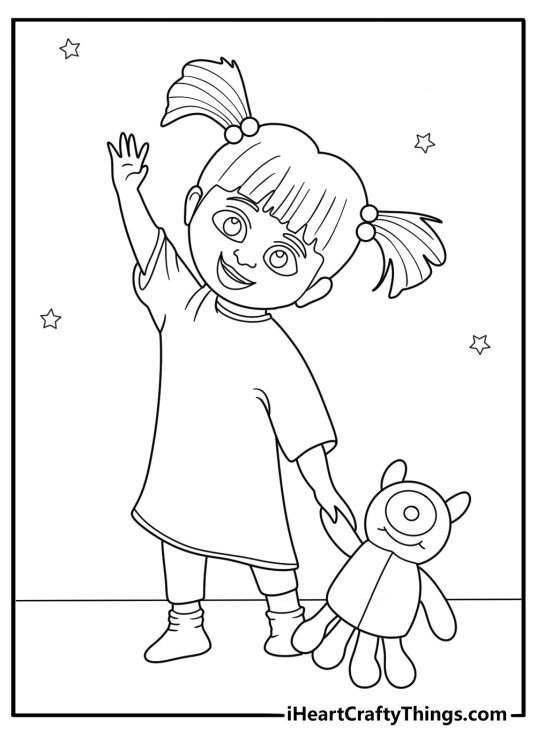 Monsters Inc cartoon coloring sheet with Boo holding her teddy bear
