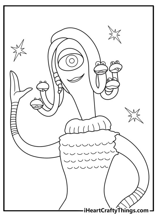 Monsters Inc coloring page featuring Celia Mae with her snake hair