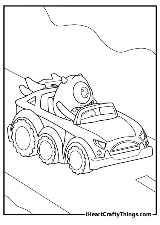 Monsters Inc coloring page for kids showing Mike driving a small car