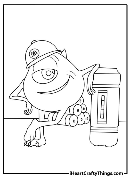 Monsters Inc coloring page showing Mike beside a rack of scream canisters