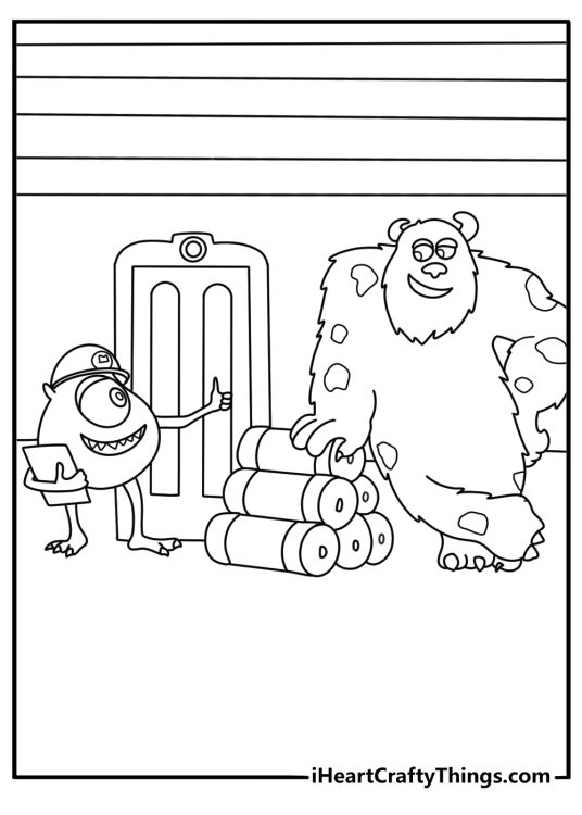 Monsters Inc coloring pages scene with Mike and Sulley beside laughter canisters