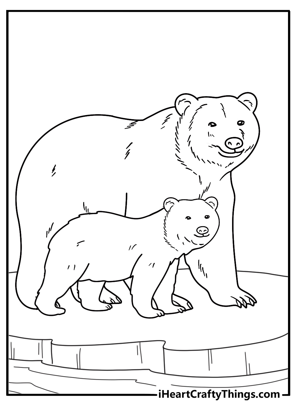 Mother polar bear guiding one cub across sea ice family coloring sheet