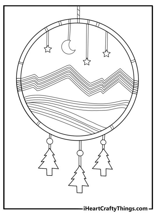 Mountain landscape inside dream catcher ring night sky coloring sheet pdf