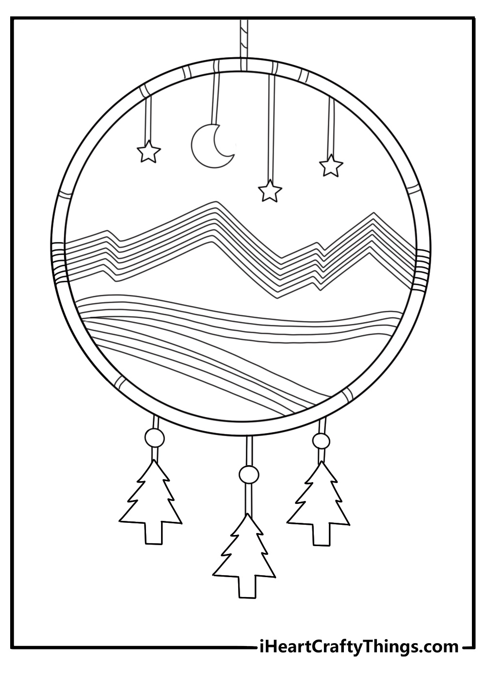 Mountain landscape inside dream catcher ring night sky coloring sheet pdf