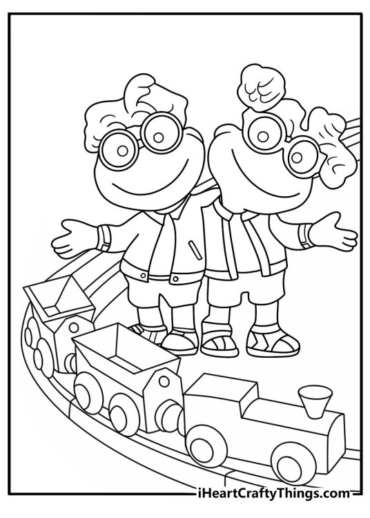 Muppet Babies coloring pages scene featuring Scooter and Skeeter near a toy train