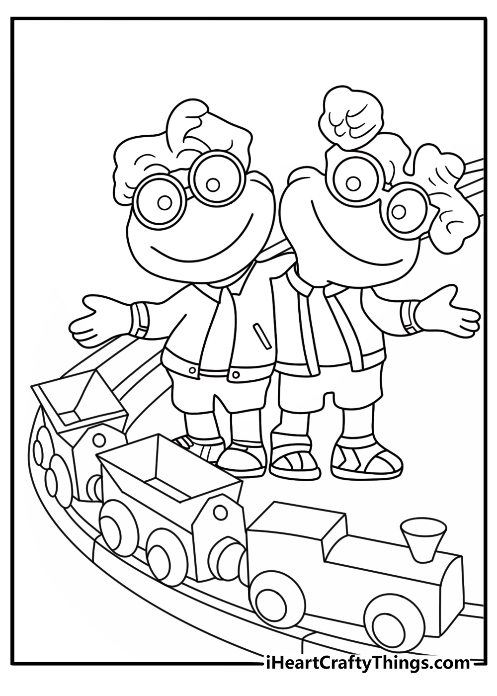 Muppet Babies coloring pages scene featuring Scooter and Skeeter near a toy train