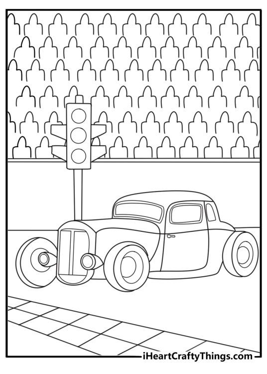 Muscle car Hot Rod at starting line with signal lights coloring sheet