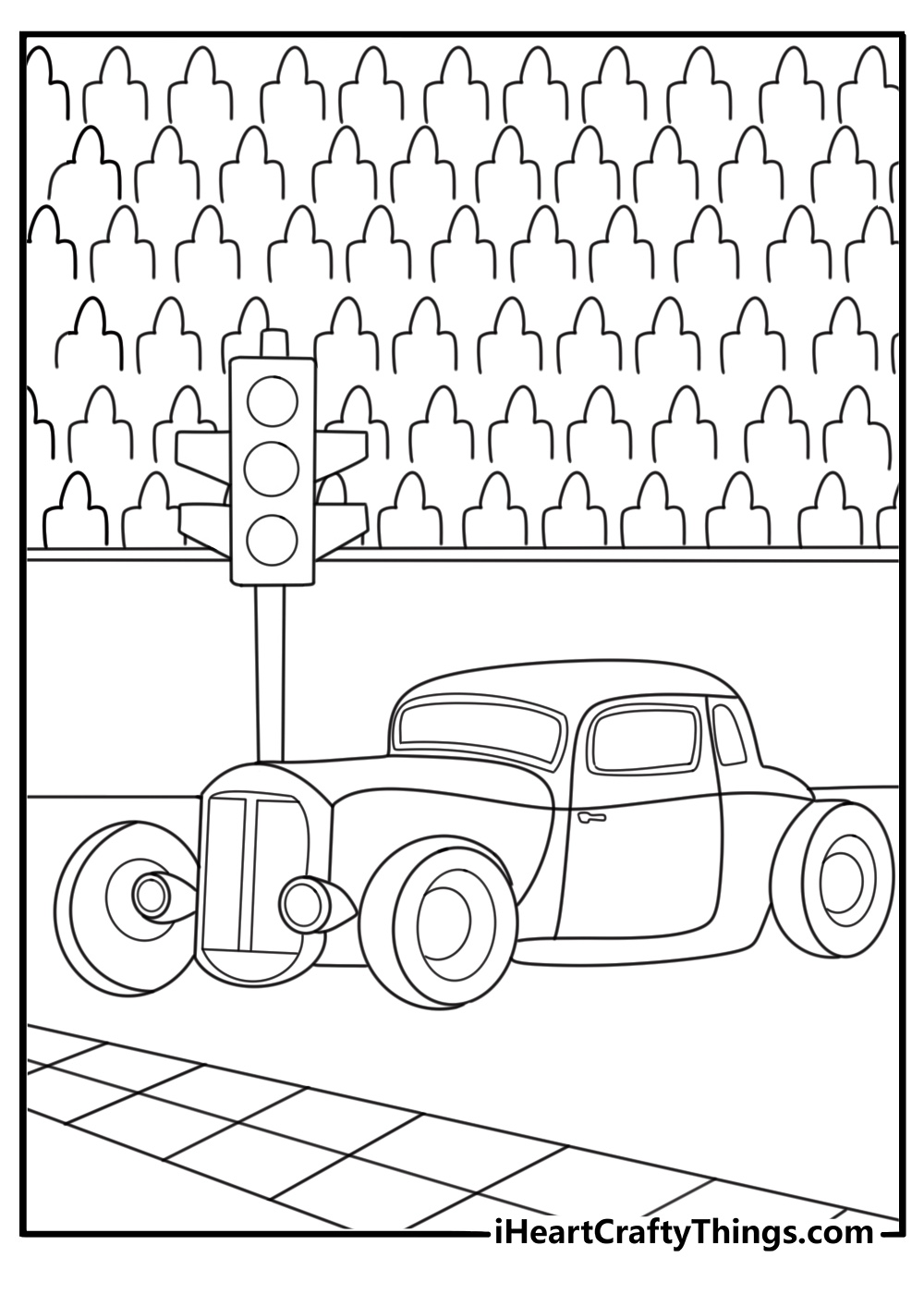 Muscle car Hot Rod at starting line with signal lights coloring sheet