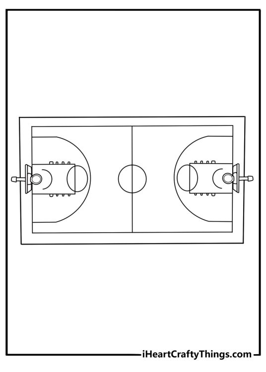 NBA basketball court coloring printable top down view center circle key and three point arc