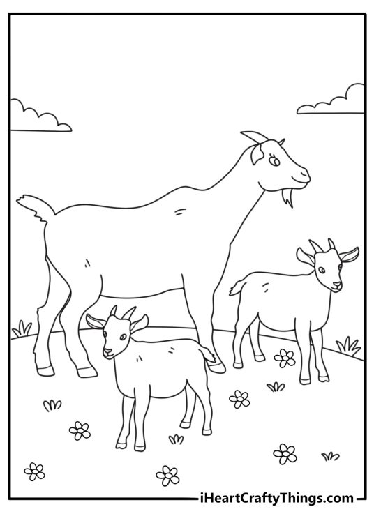 Nanny goat with twin kids in meadow cute kawaii coloring printable