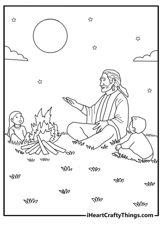 Native American coloring page showing an elder telling a story by a campfire for kids printable