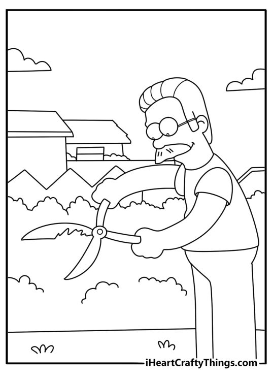 Ned Flanders gardening outside house printable coloring page