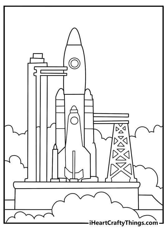 Night launch pad rocket beside countdown tower heavy smoke detailed coloring page pdf