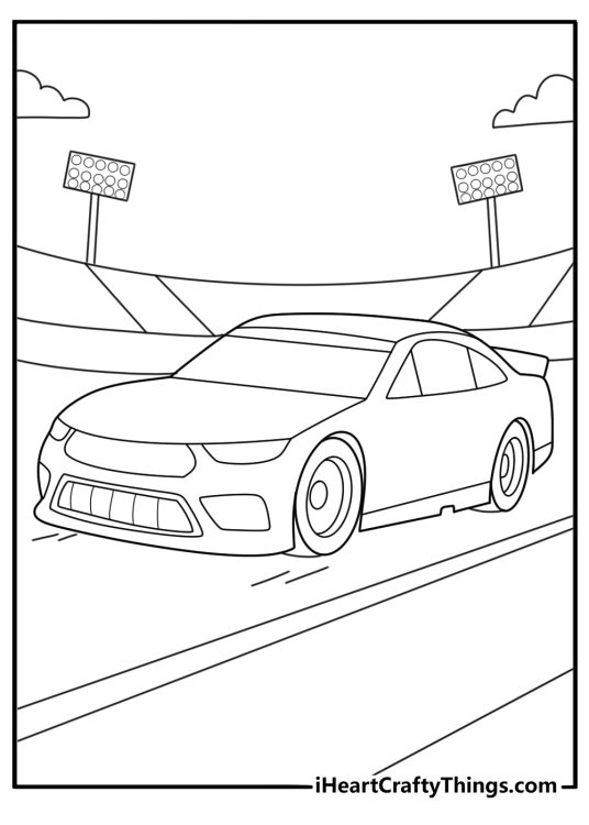 Night race under bright track lights with a modern race car printable coloring sheet pdf