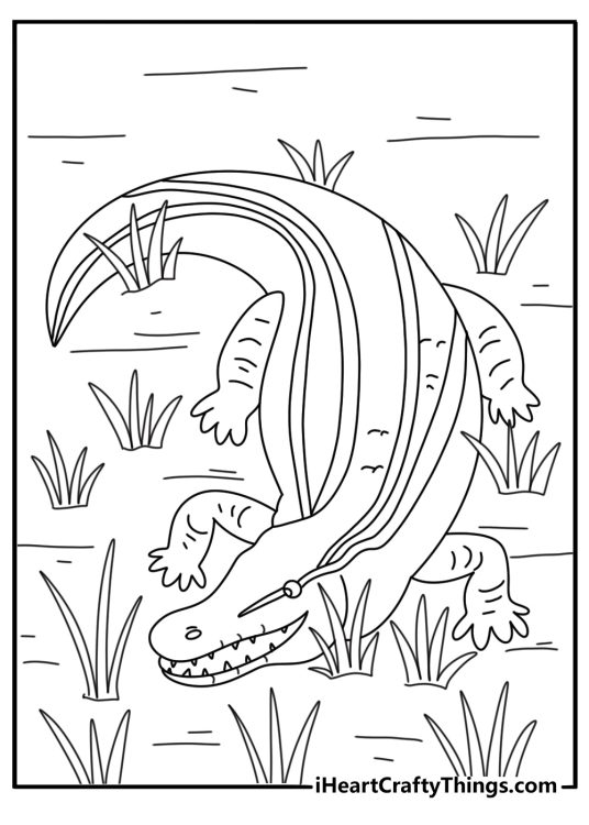Nile crocodile coloring page with a strong tail beside an African river
