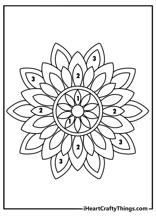 Number mandala coloring sheet with repeating digit patterns for mindful coloring pdf