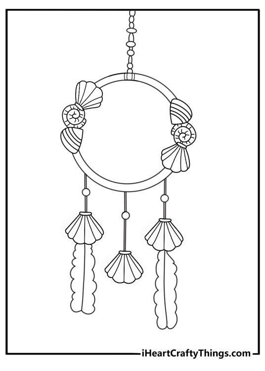 Ocean themed dream catcher with shells and seaweed strands cute coloring printable