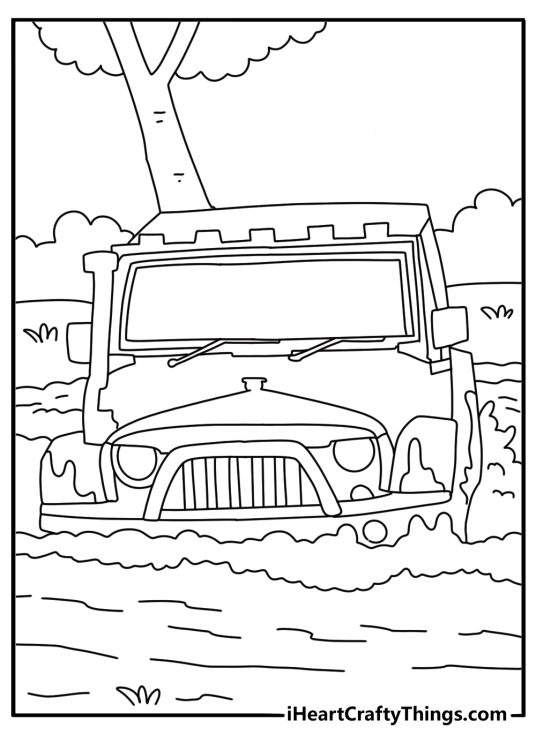 Off road Jeep coloring pages with a Rubicon crossing a muddy stream in the woods