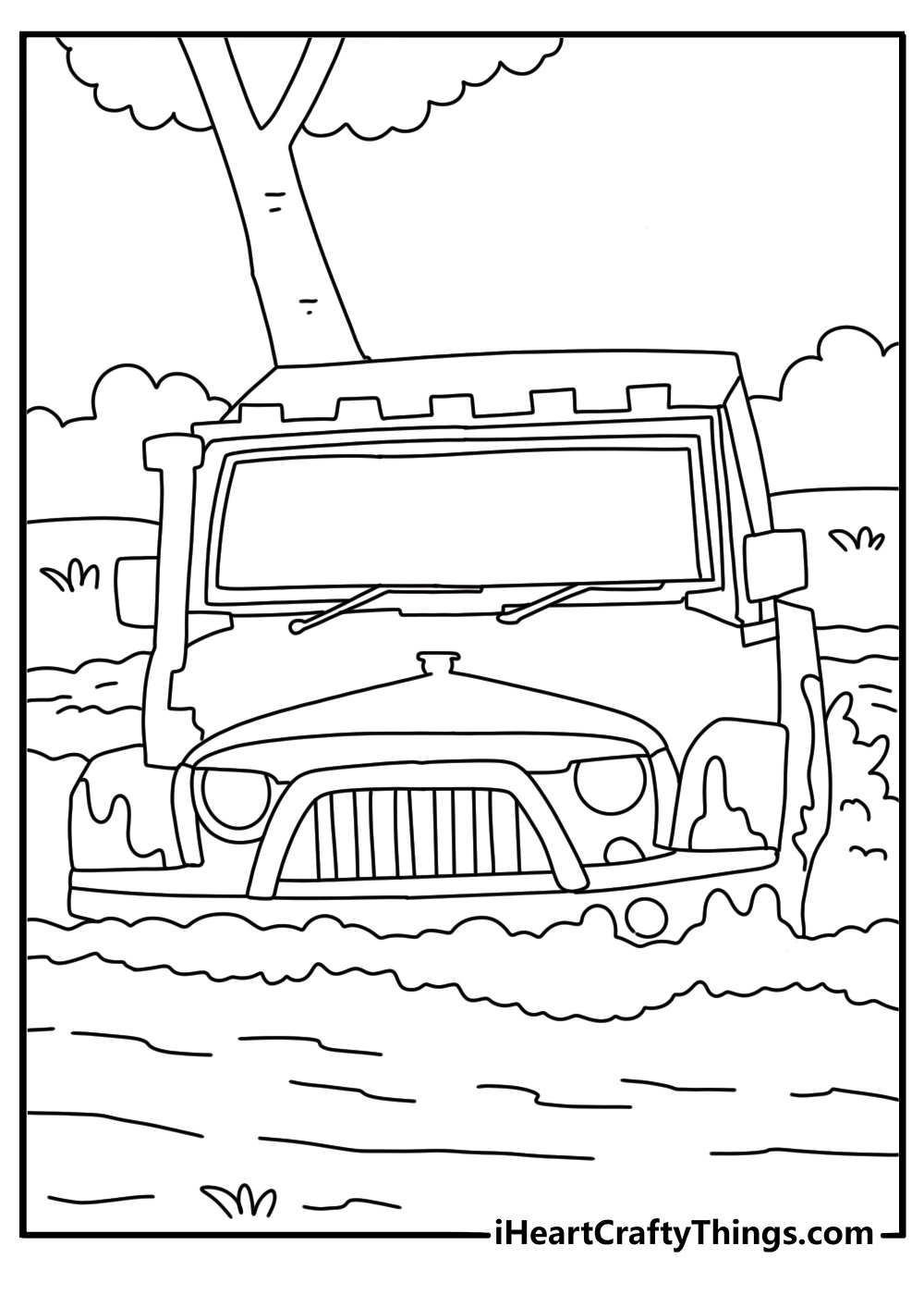 Off road Jeep coloring pages with a Rubicon crossing a muddy stream in the woods