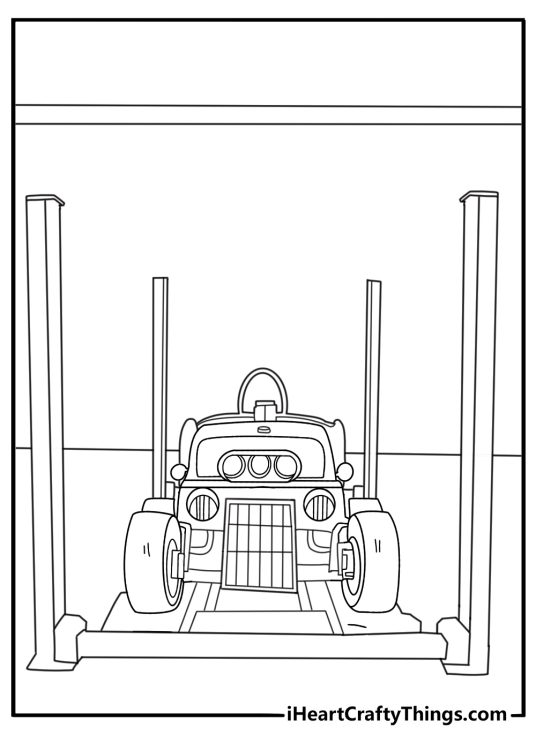 Old garage interior with Hot Rod on lift detailed coloring page