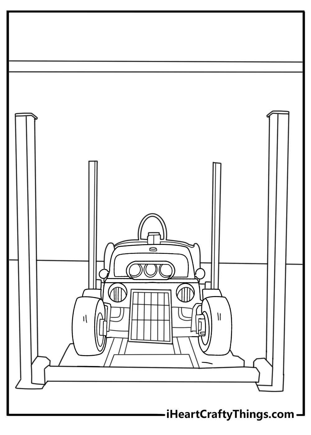 Old garage interior with Hot Rod on lift detailed coloring page