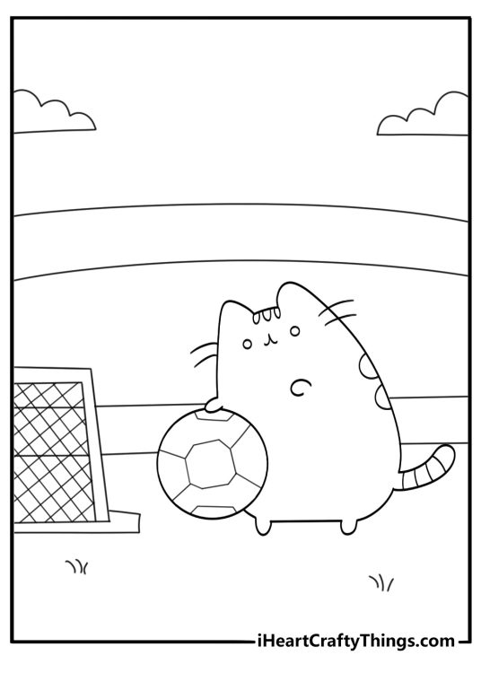 Outdoor Pusheen coloring page with the cat playing soccer and kicking a ball toward a goal