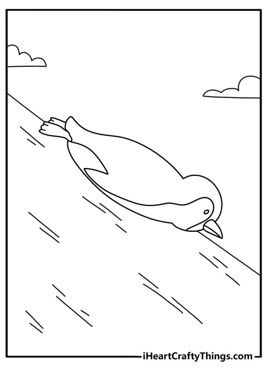 Penguin coloring page for kids with a penguin tobogganing down a snowy hill