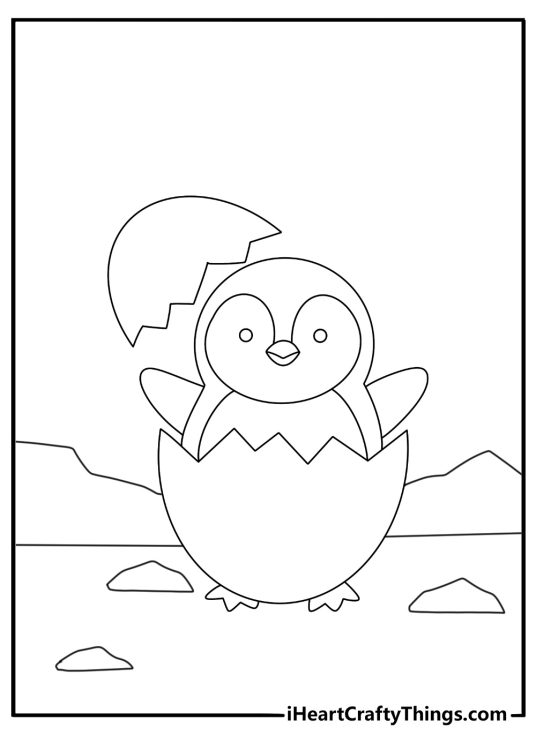 Penguin coloring page with a penguin chick beside an egg shell