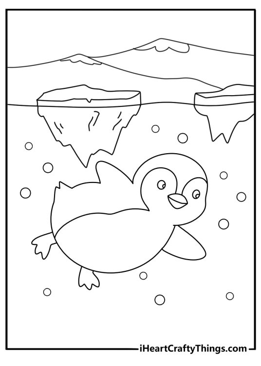 Penguin coloring pages for kids with a penguin swimming near floating ice