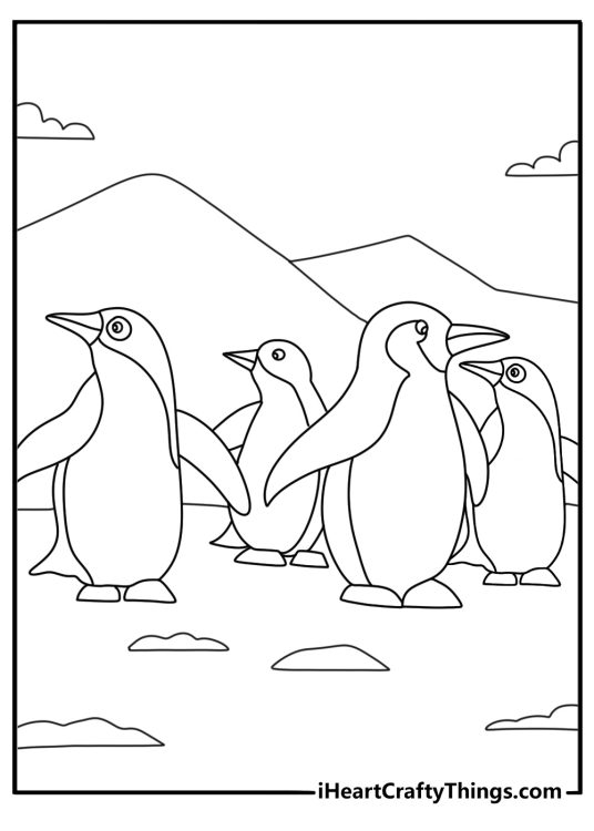 Penguin coloring pages scene with a group of penguins on sea ice