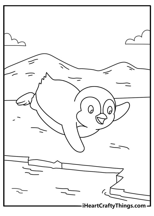 Penguin coloring printable with a penguin sliding into the sea from ice