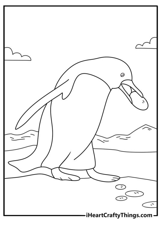 Penguin coloring sheet with a penguin carrying a pebble to its nest