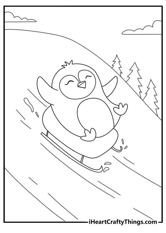 Penguin rides a sled down snowy hill February coloring page simple printable