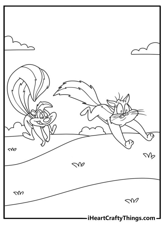 Pepe Le Pew chasing striped cat through park Looney Tunes coloring page