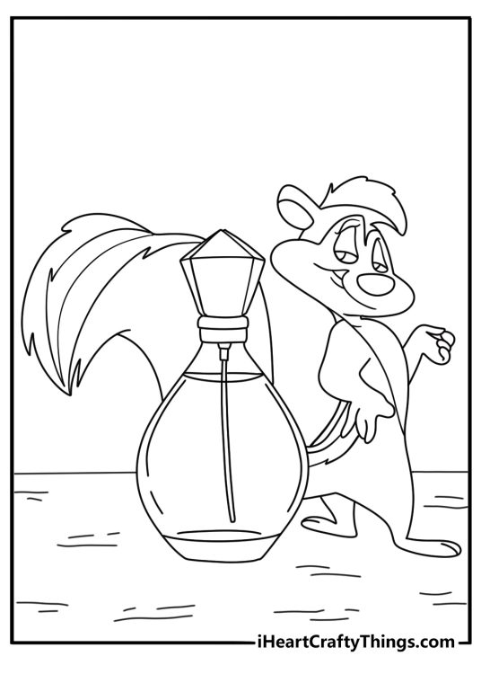 Pepe Le Pew walking past perfume bottles cute Looney Tunes coloring page