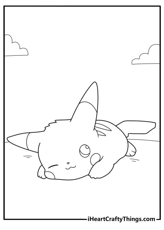 Picture featuring playful Pikachu laying down with his cheek pressed into the ground