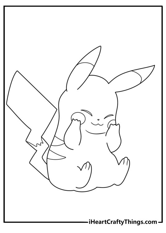 Picture for kids of a Pikachu sitting on the floor and laughing while holding his cheeks