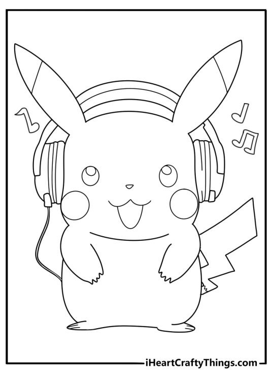 Picture for pre schoolers presenting Pikachu listening to some tunes on his headphones