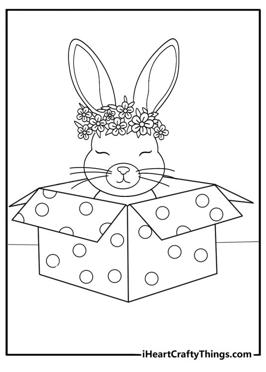 Picture of a rabbit wearing crown of flowers popping out of a little box with polka dots on it
